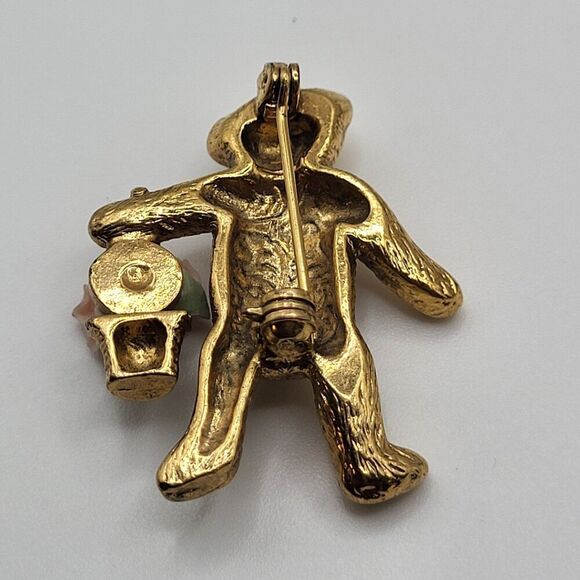 Vintage Gold Tone Teddy Bear Brooch With Porcelain Rose Basket Detail 1.5in - Picture 3 of 3